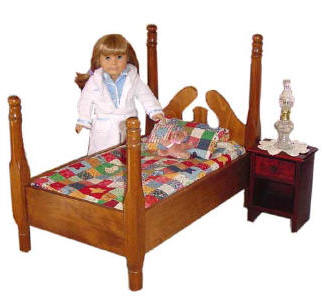 Four poster American Girl doll bed and bedding