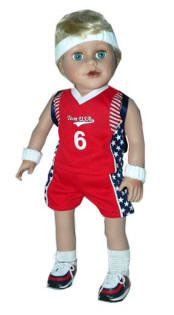18 inch boy doll wearing red basketball clothes